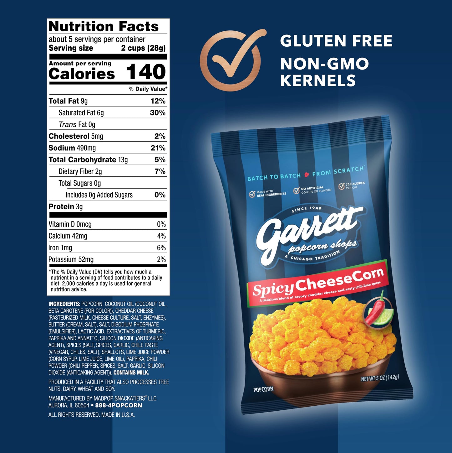 Garrett Popcorn Spicy CheeseCorn, Gluten Free, 5oz (Pack of 4), Spicy Cheddar Popped Snack
