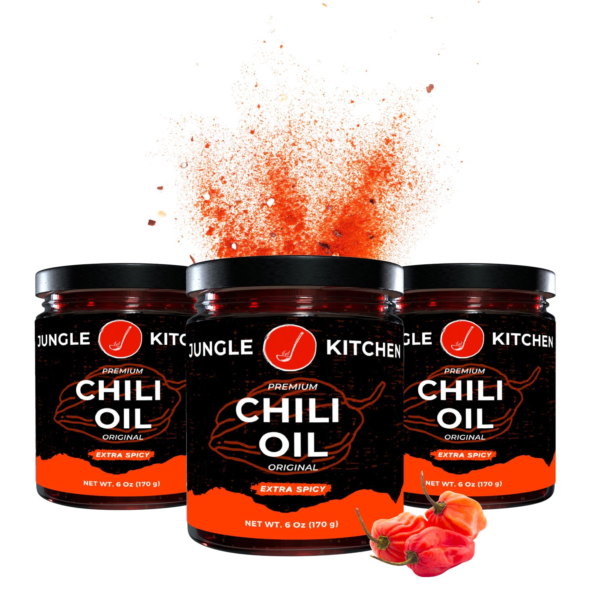 Jungle Kitchen Extra Spicy Crunchy Garlic Chili Oil Hot Chili Oil Vegan & Gluten-Free Great For Sauce & Toppings, 6Oz 3 Pack