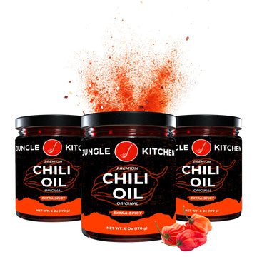 Jungle Kitchen Extra Spicy Crunchy Garlic Chili Oil Hot Chili Oil Vegan & Gluten-Free Great For Sauce & Toppings, 6Oz 3 Pack