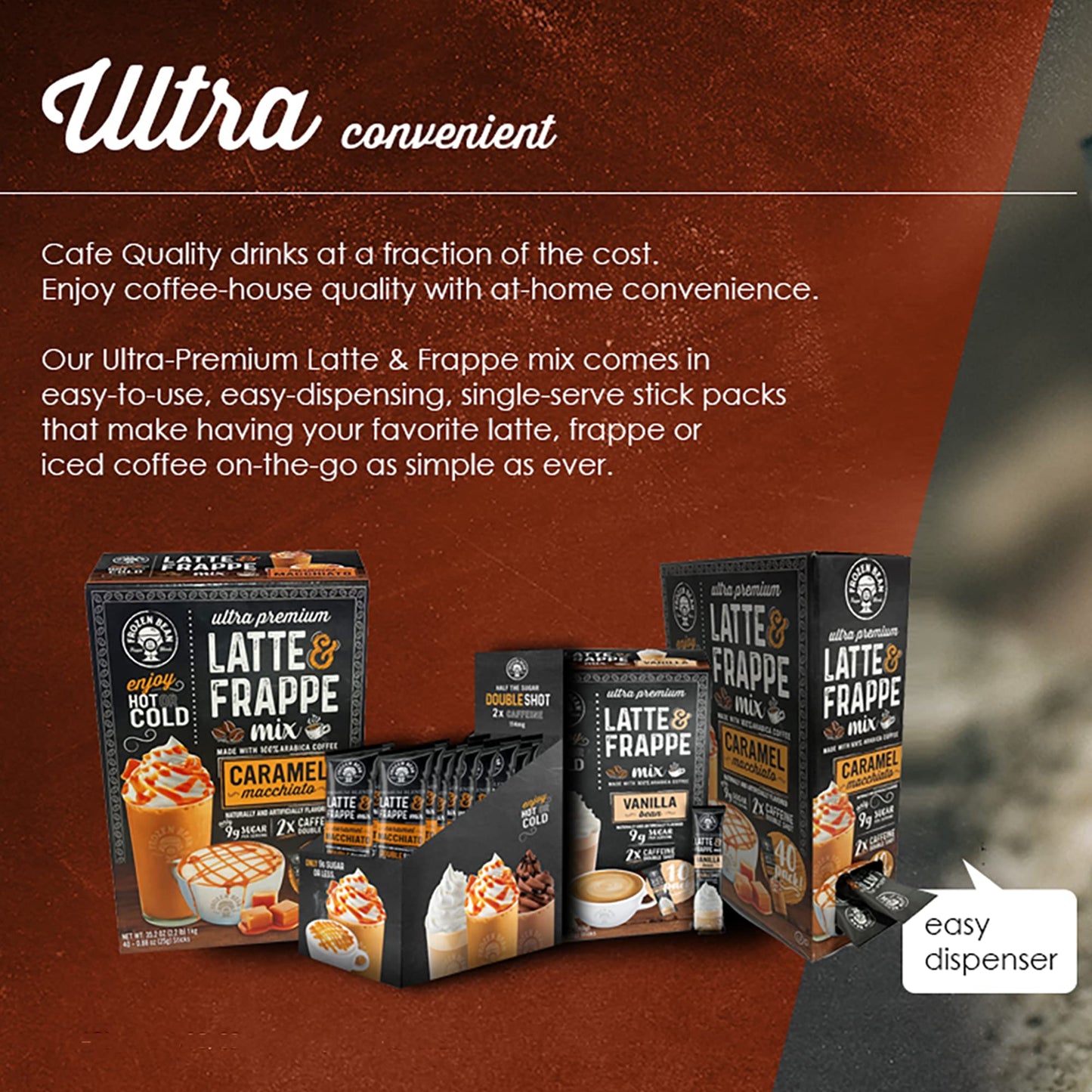 The Frozen Bean Caramel Macchiato Frappe & Latte Instant Mix (20 Sticks), Made With Arabica Coffee, Double Shot Caffeine, Low Sugar & Enhanced Ingredients, Hot, Iced, Or Blended Drinks