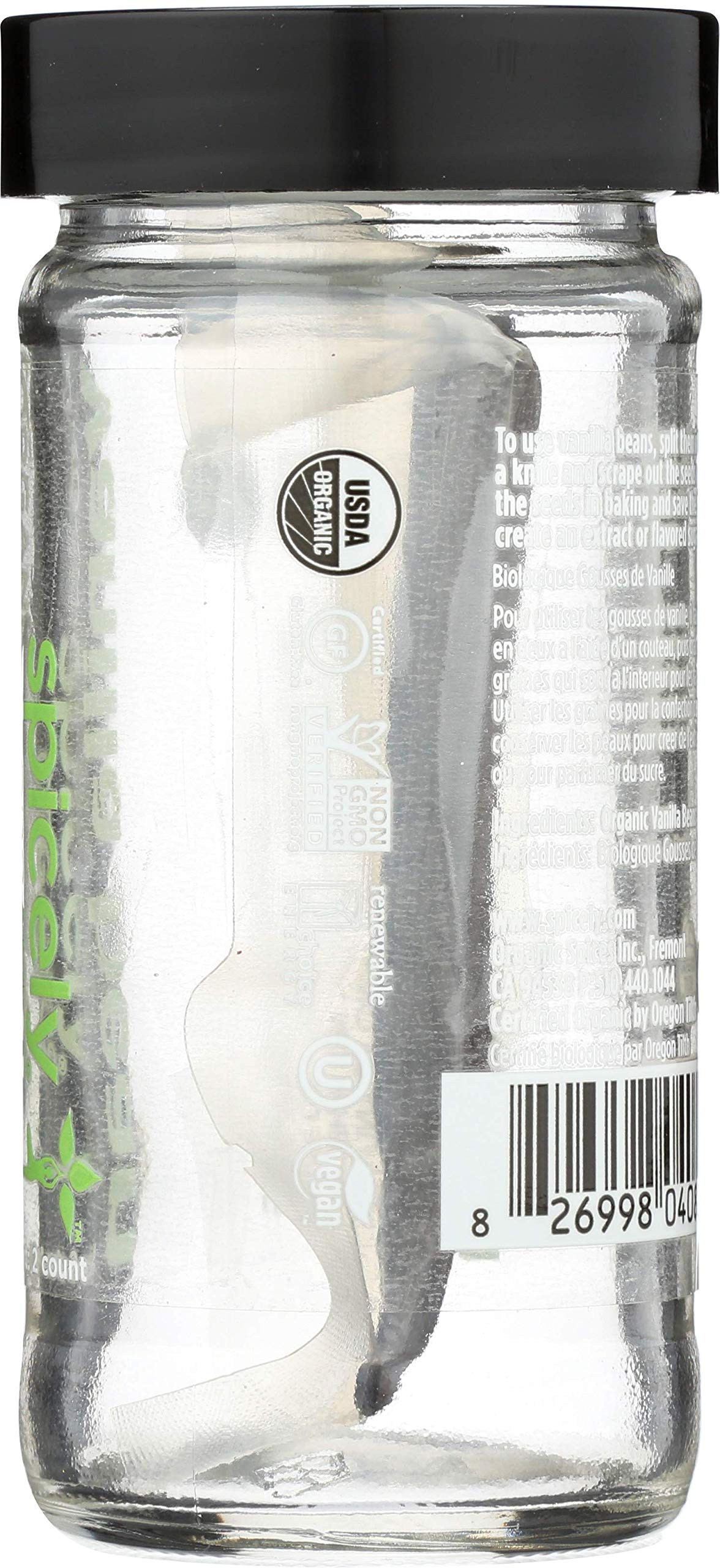 Spicely Organic Vanilla Bean Whole 2 Count Jar Certified Gluten Free