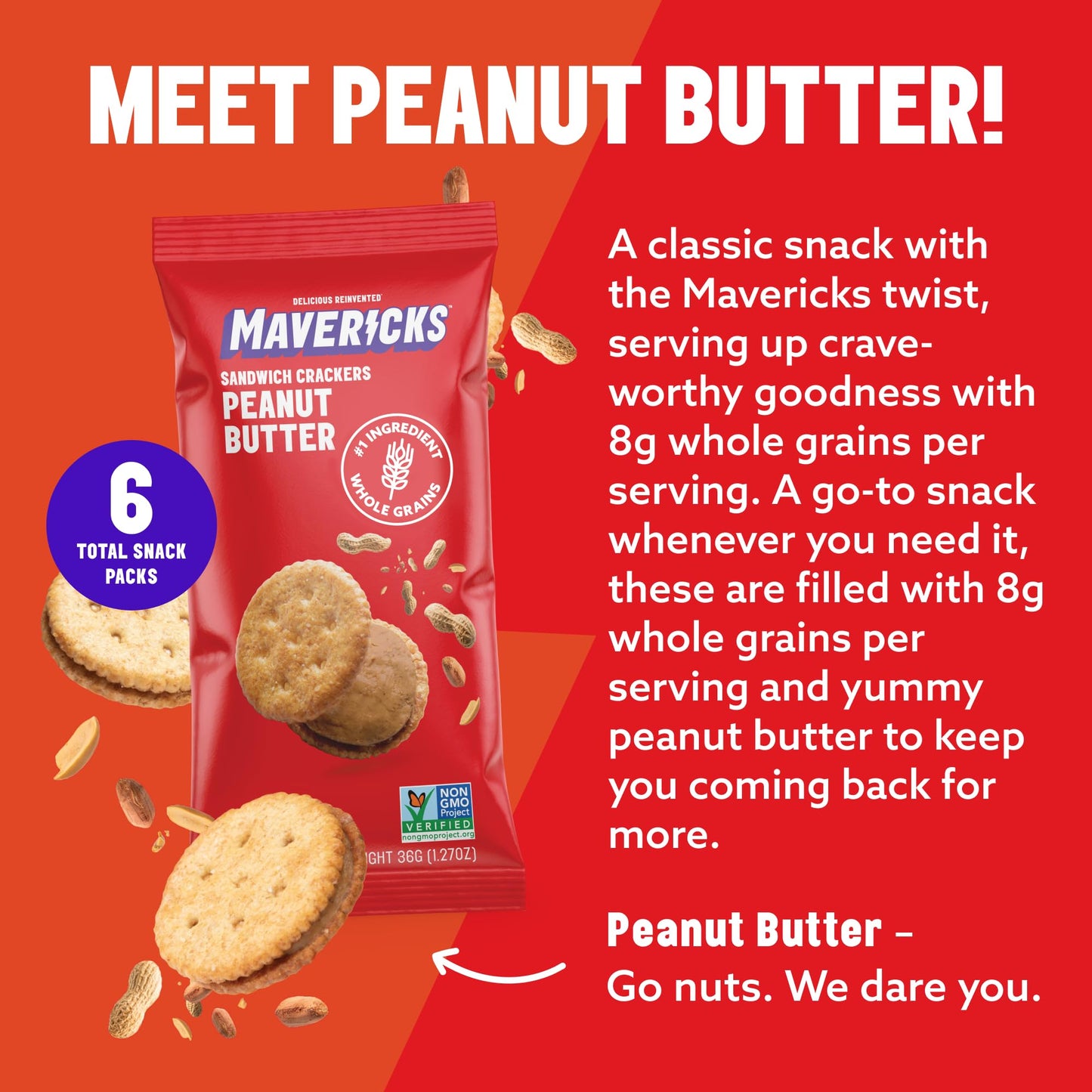 Mavericks Sandwich ers Peanut Butter - Plant-Based Peanut Butter Sandwich  Snack ers  Whole Grain  Non-GMO - 1 Box (6 Snack Packs)