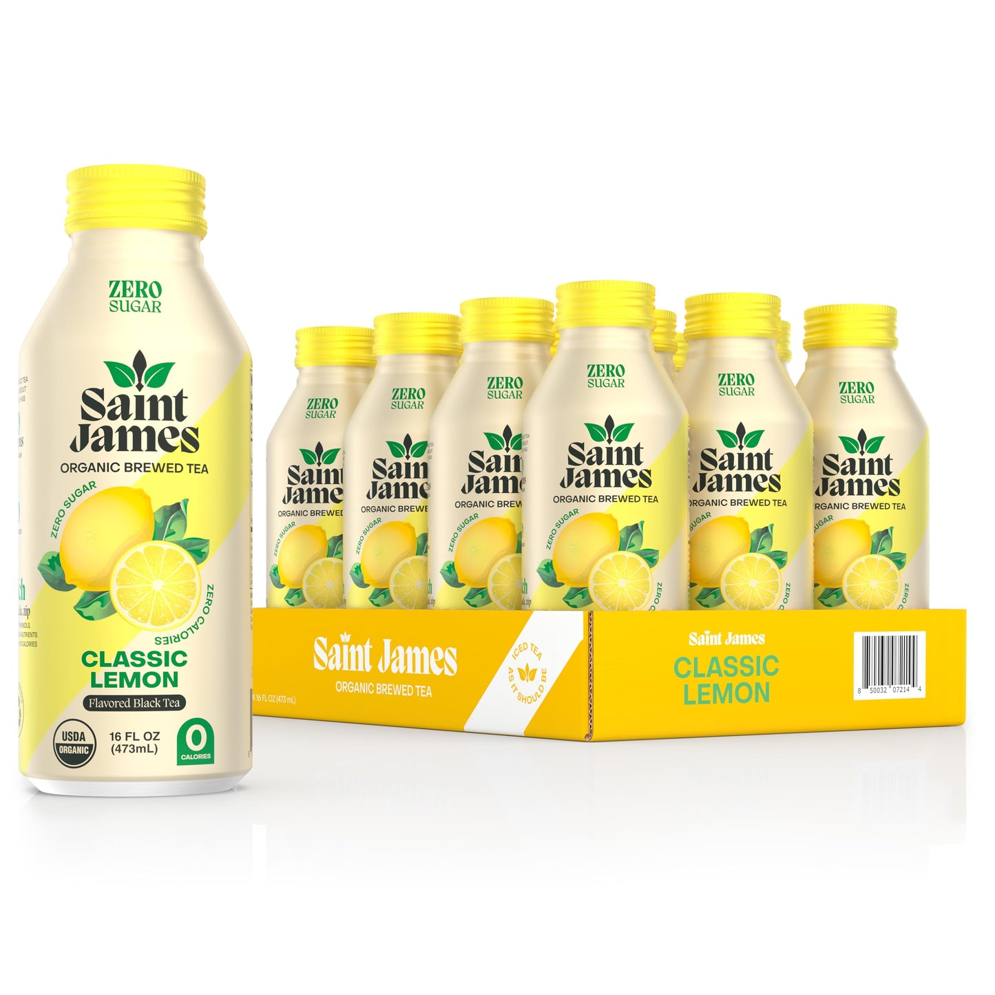 Saint James Iced Tea - Organic Black Tea - Non-GMO, Gluten Free, Zero Calorie, Zero Sugar - Classic Lemon, 12 Pack (16 fl oz eac