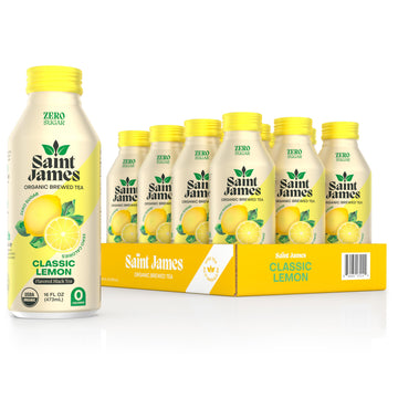Saint James Iced Tea - Organic Black Tea - Non-GMO, Gluten Free, Zero Calorie, Zero Sugar - Classic Lemon, 12 Pack (16 fl oz eac
