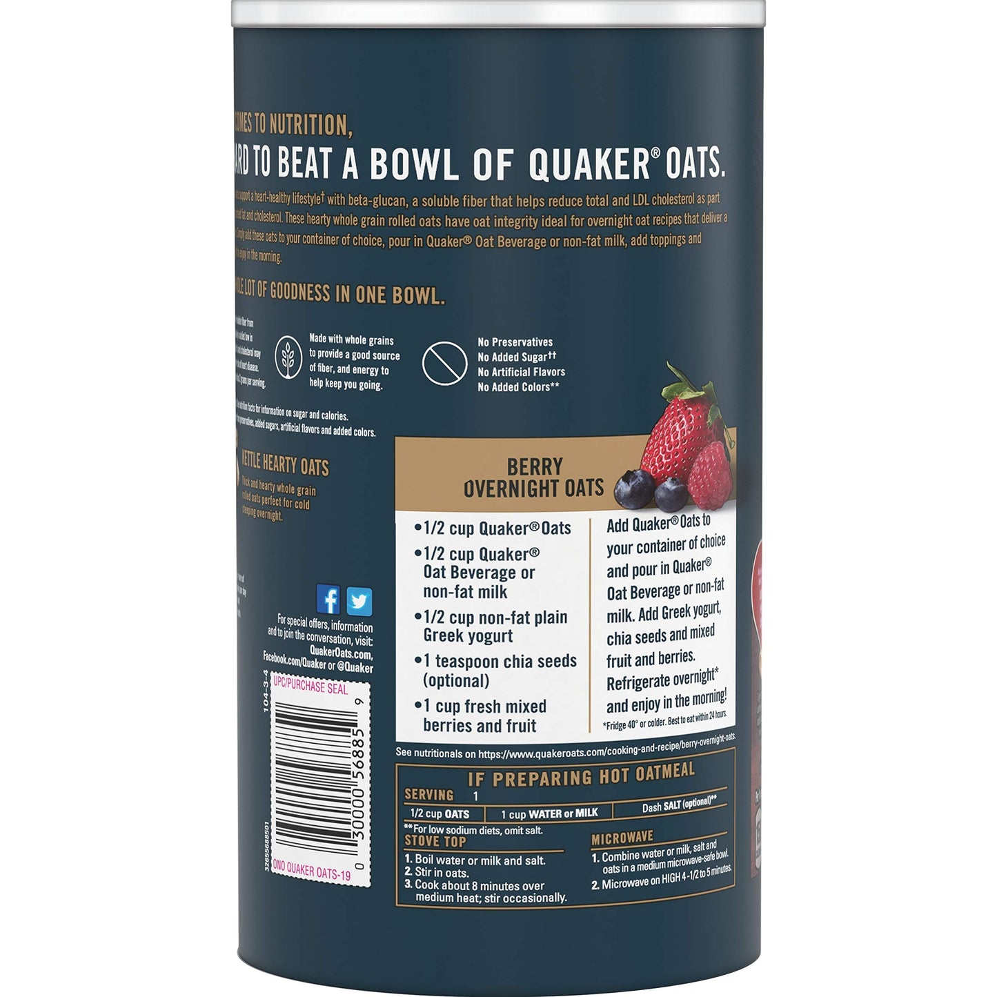 Quaker Rolled Overnight Oats, 19oz Canister, Convenient Breakfast Option, Pack of 1