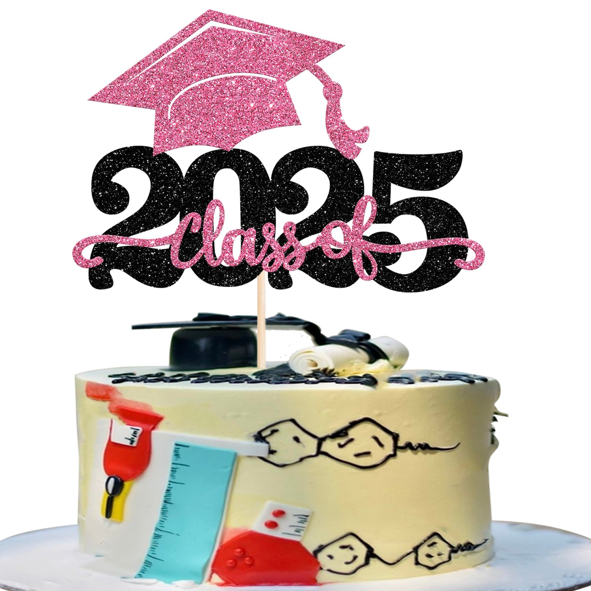 YCTHUNFISH Graduation Cake Topper, Glitter Congrats Grad Cap, 2025 Theme, Black Yellow, Paper, 1 Pack
