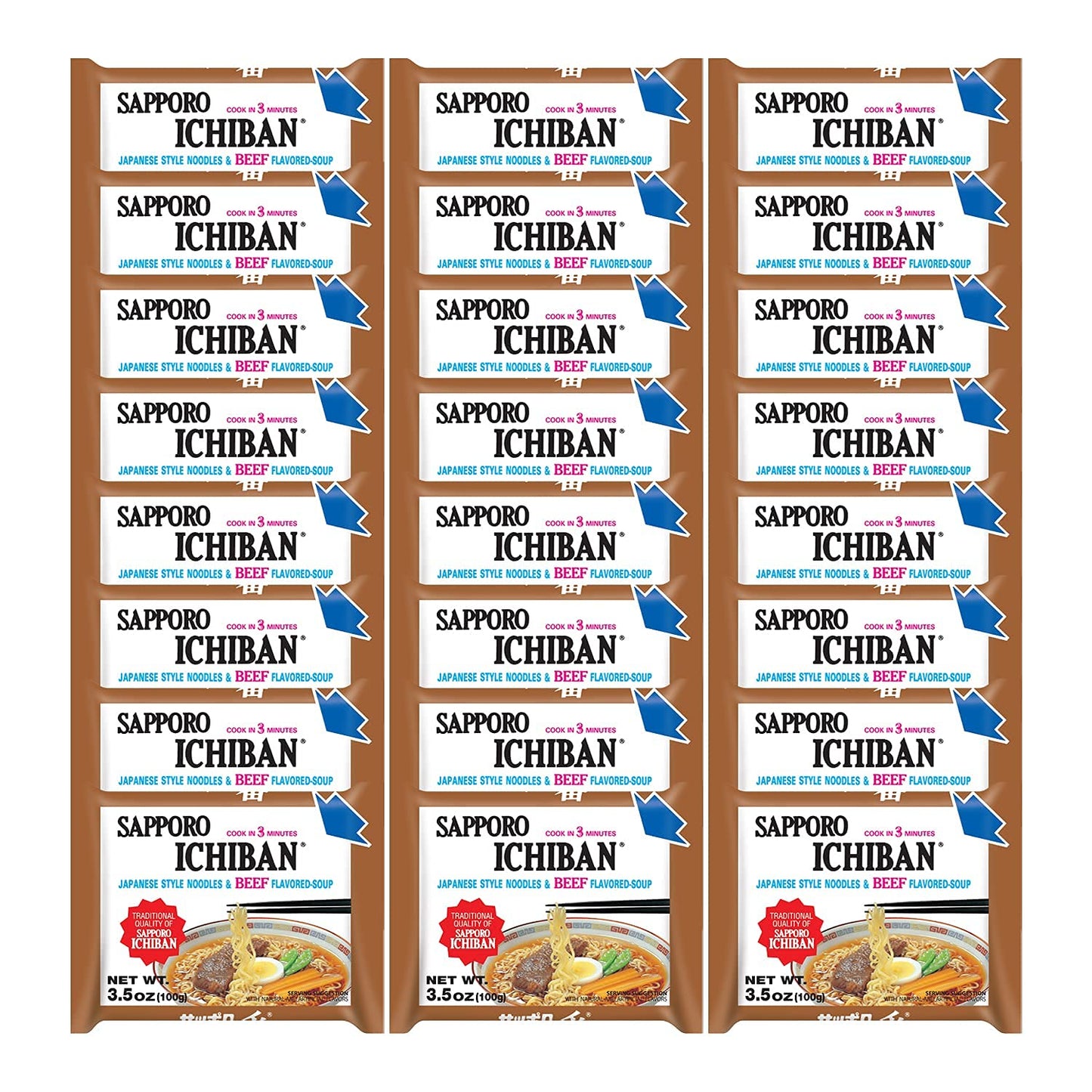 [SAPPORO ICHIBAN] Ramen Noodles, Beef Flavor, No. 1 Tasting Japanese Instant Noodles (3.5 Oz. x 24 packs) | 24 Pack Case