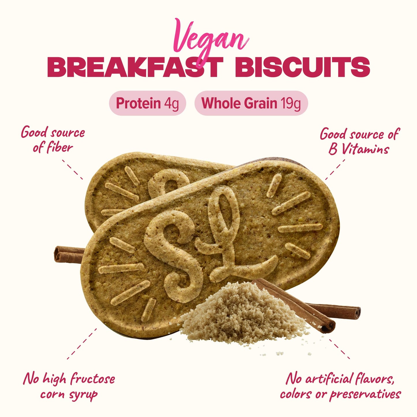 Sweet Lorens Vegan Breakfast Biscuits | Cinnamon Sugar | 4g Protein  19g Whole Grains | Plant Based  Gluten Free  Dairy Free  Nut Free Snacks | Grab & Go 8 Pack (24 Total Biscuits  1.6 ounce each)
