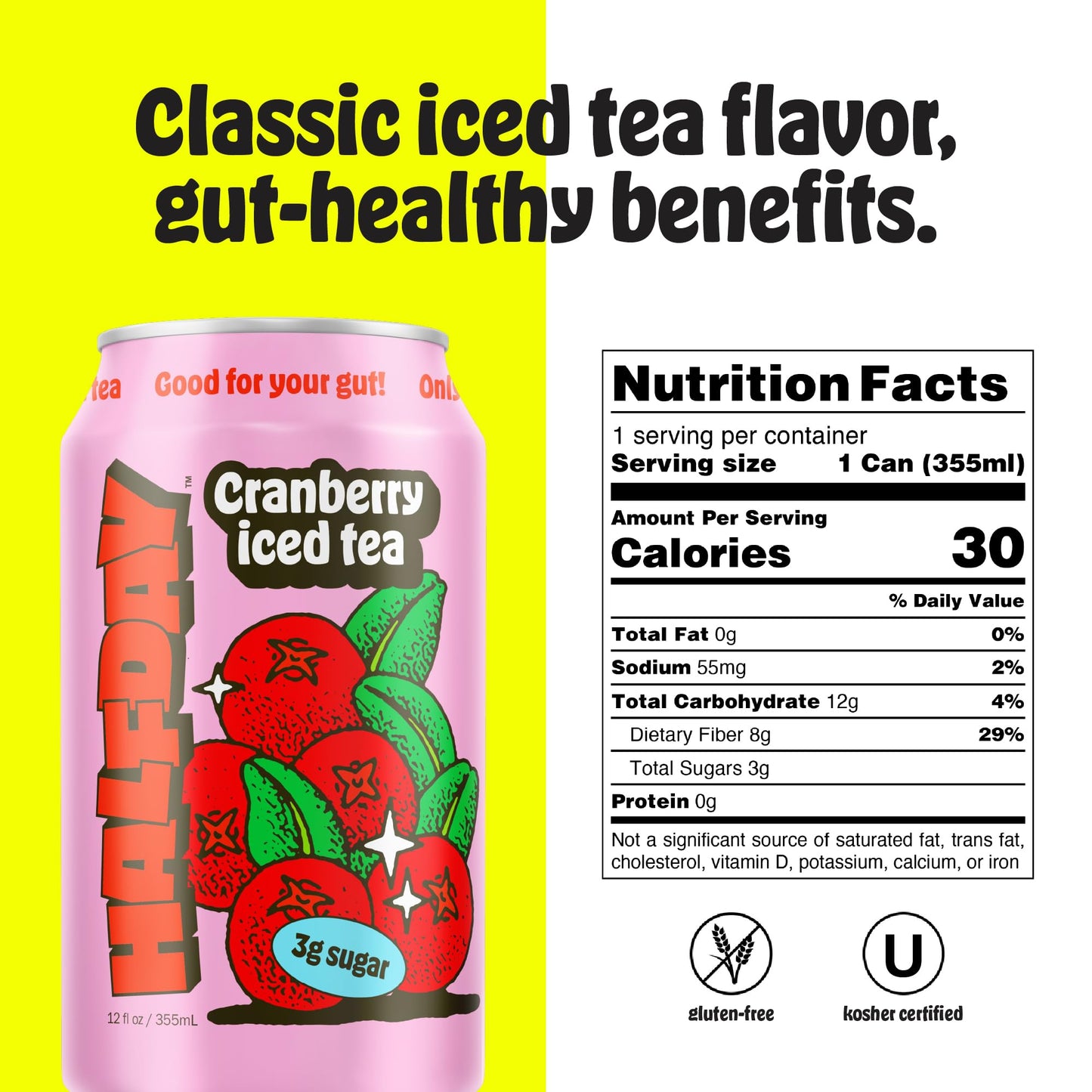 HALFDAY Prebiotic Cranberry Iced Tea Cans, Supports Digestive & Gut Health, 8g Plant Fiber & Prebiotics, Low Sugar, 30 Calories,