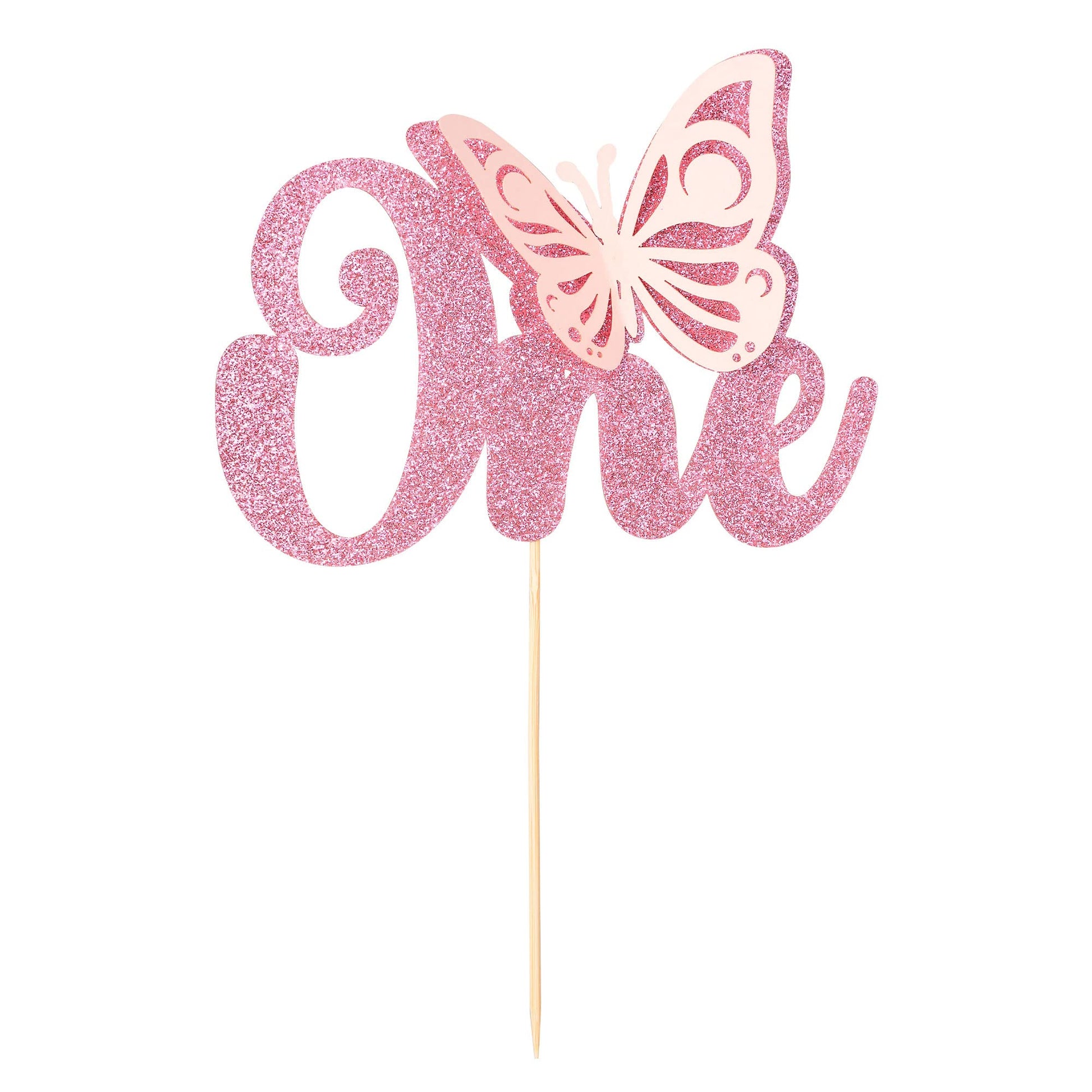 Gyufise 1Pcs Butterfly One Cake Topper Pink Glitter Baby Shower Butterfly 1St Birthday Cake Pick Decorations For Butterfly Theme