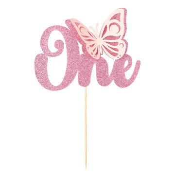 Gyufise 1Pcs Butterfly One Cake Topper Pink Glitter Baby Shower Butterfly 1St Birthday Cake Pick Decorations For Butterfly Theme