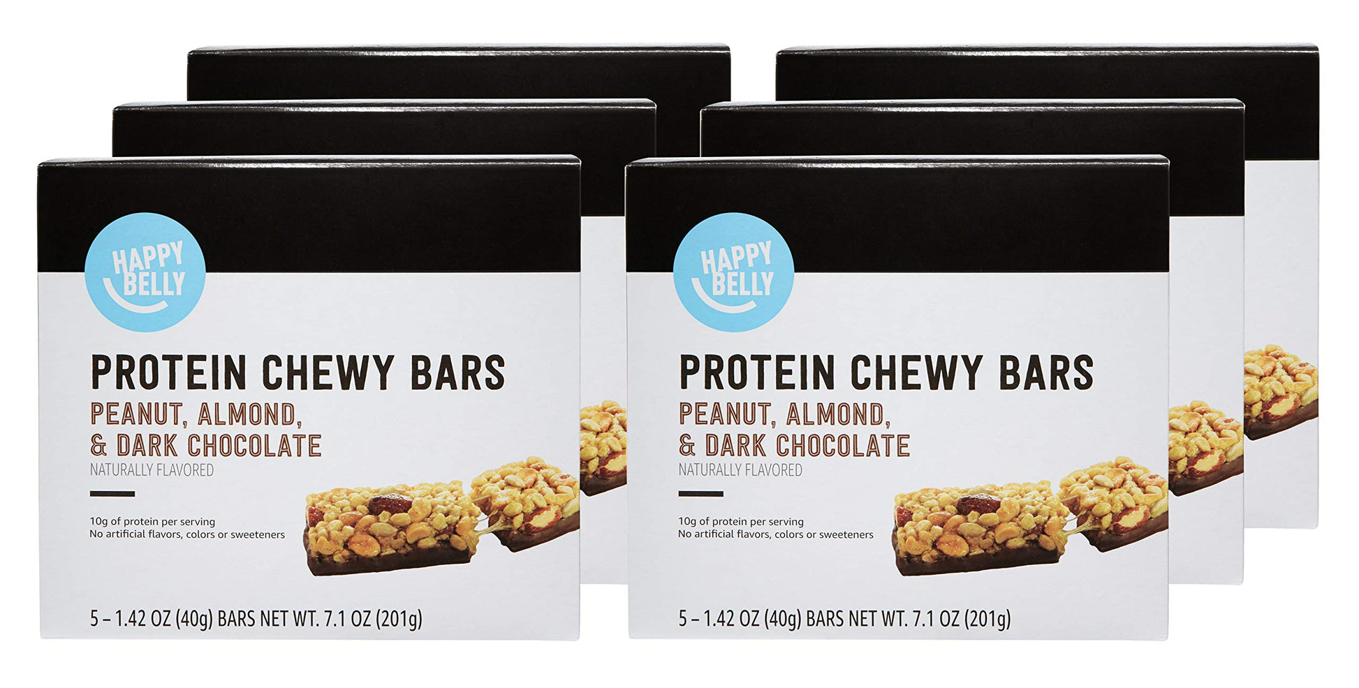 large online retailer Brand - Happy Belly Protein Chewy Bars  Peanut  Almond and Dark Chocolate  5 Count (Pack of 6)