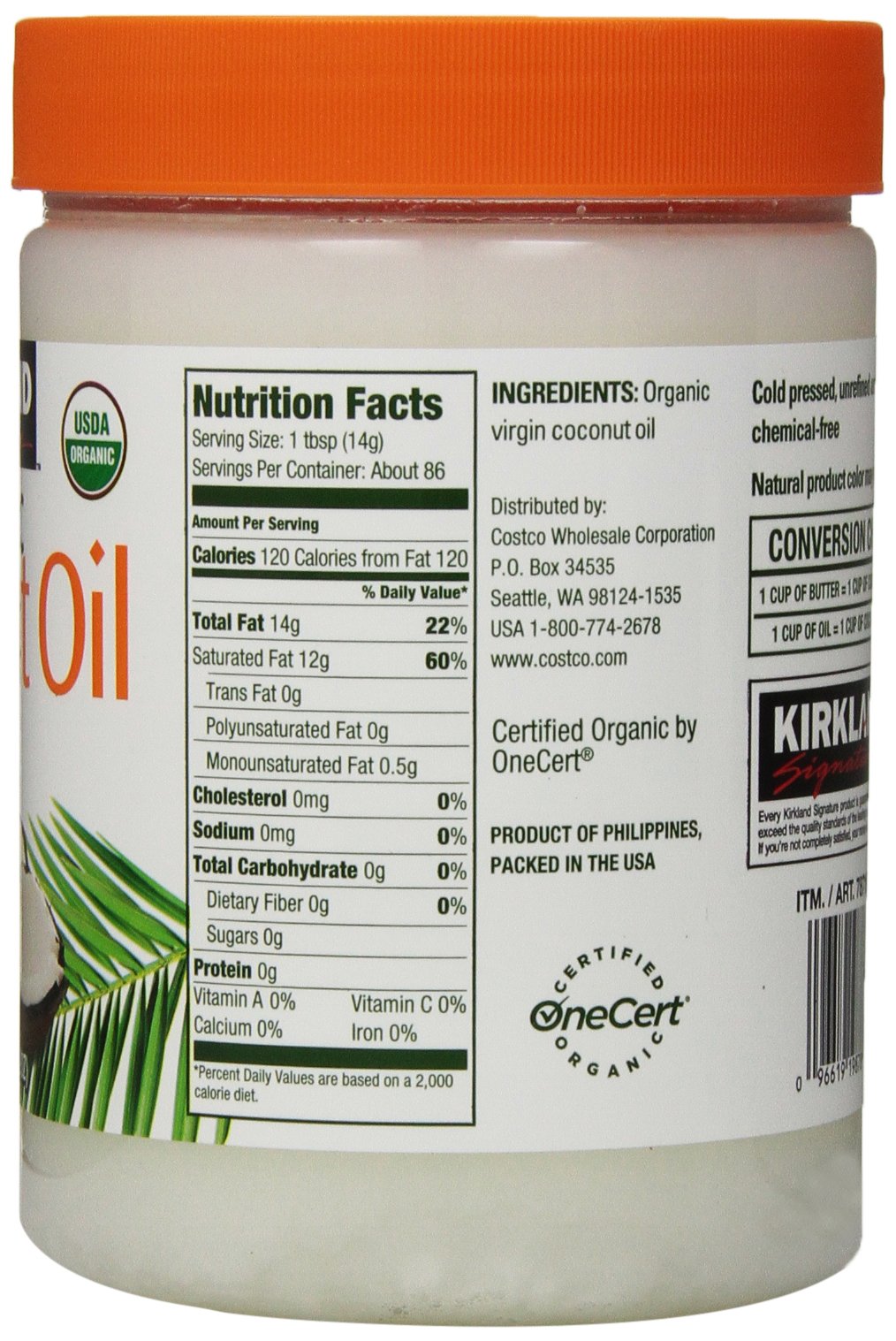 Kirkland Signature Organic Coconut Oil Cold Pressed Unrefined 42.3 Fl Oz