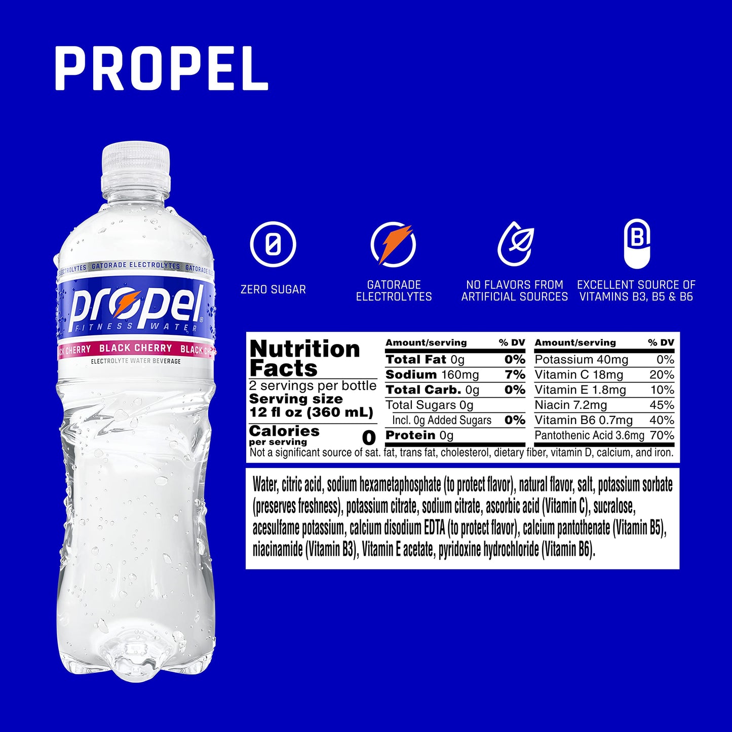 Propel Black Cherry Zero Calorie Water Beverage with Electrolytes & Vitamins C&E, 24 Fl Oz, Pack of 12