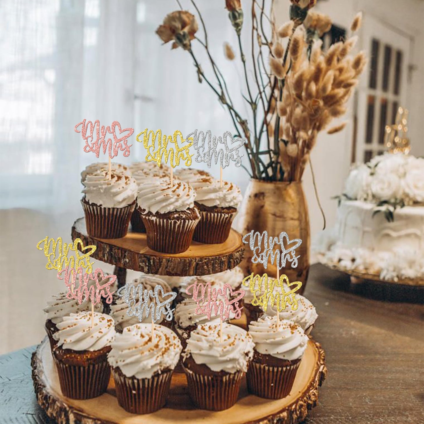 36 Pcs Mr & Mrs Cupcake Toppers With Love Heart Glitter Bridal Shower Cupcake Picks For Wedding Engagement Birthday Anniversary
