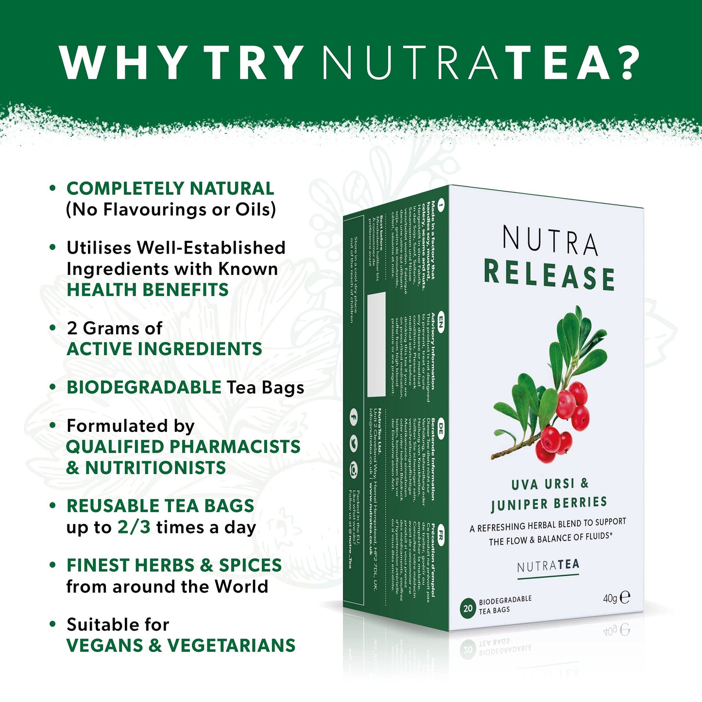 NUTRARELEASE - Kidney Tea | Bloated Stomach Tea - Includes Uva Ursi, Dandelion & Nettle - Assist With Water Retention & Digestio