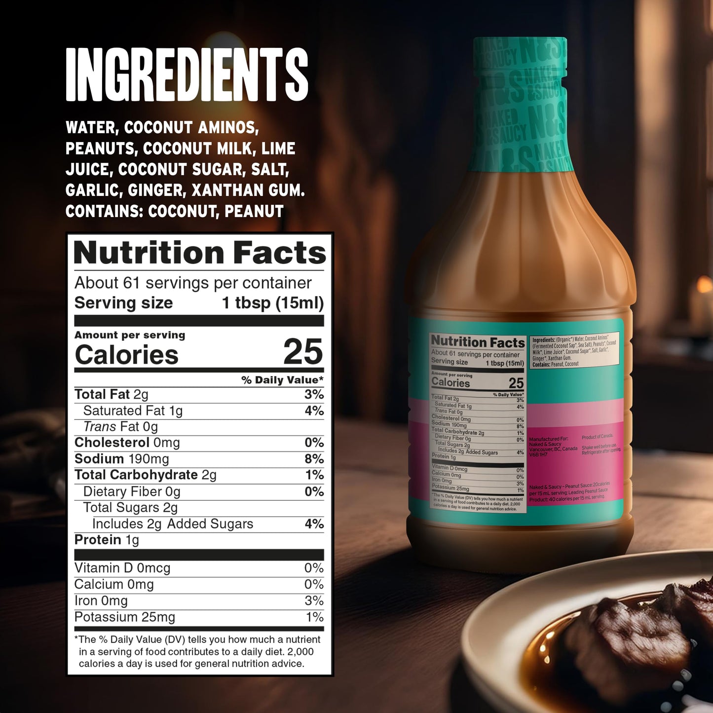Naked & Saucy Low Sugar Peanut Sauce And Dressing, Gluten-Free, Soy-Free, Vegan, Paleo, 31 Fl Oz
