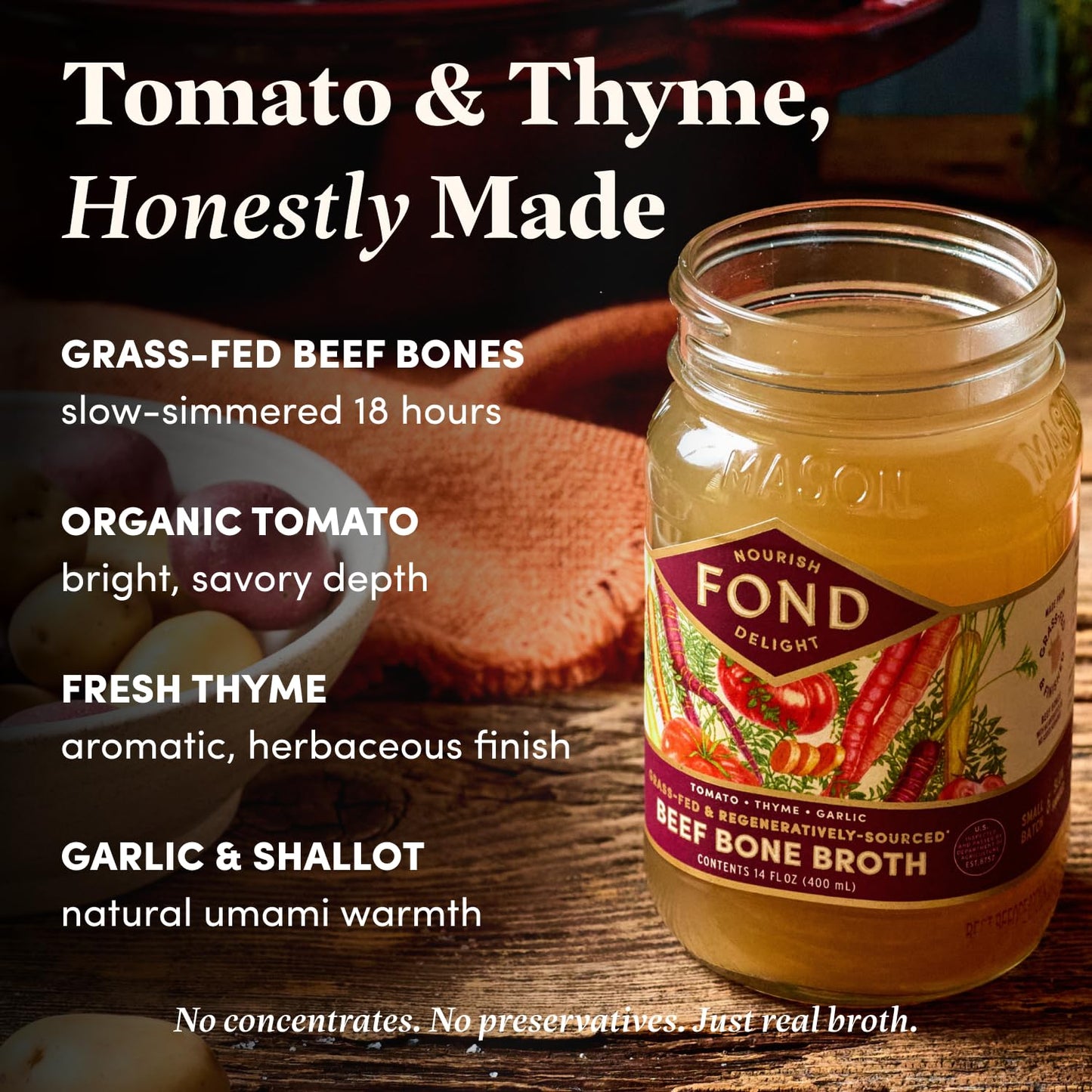 Fond Regenerative Grass Fed Beef Bone Broth Infused With Organic Tomato & Thyme – Slow-Simmered Beef Broth For Rich And Nourishing Flavor, Nutrient-Dense, Artisan Quality – 14 Oz (8-Pack)
