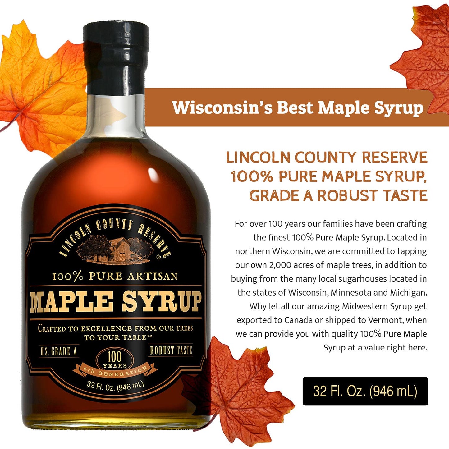 Lincoln County Reserve Maple Syrup - 100% Pure Artisan, 32 oz Glass Bottle, Robust Taste, Brown