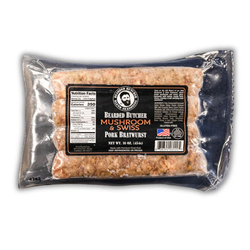 Bearded Butchers Mushroom & Swiss Bratwurst 12-Pack (1 lb Each) - Savory, Flavorful Gourmet Sausage with Mushrooms & Creamy Swis