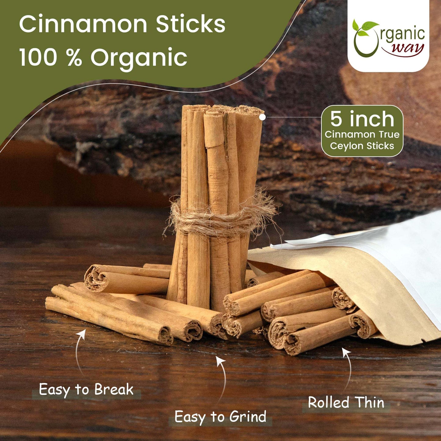 Organic Way True Ceylon Cinnamon Sticks (Cinnamomum Verum) - Adds Flavour | Organic & Kosher Certified | Raw, Vegan, Non Gmo & G