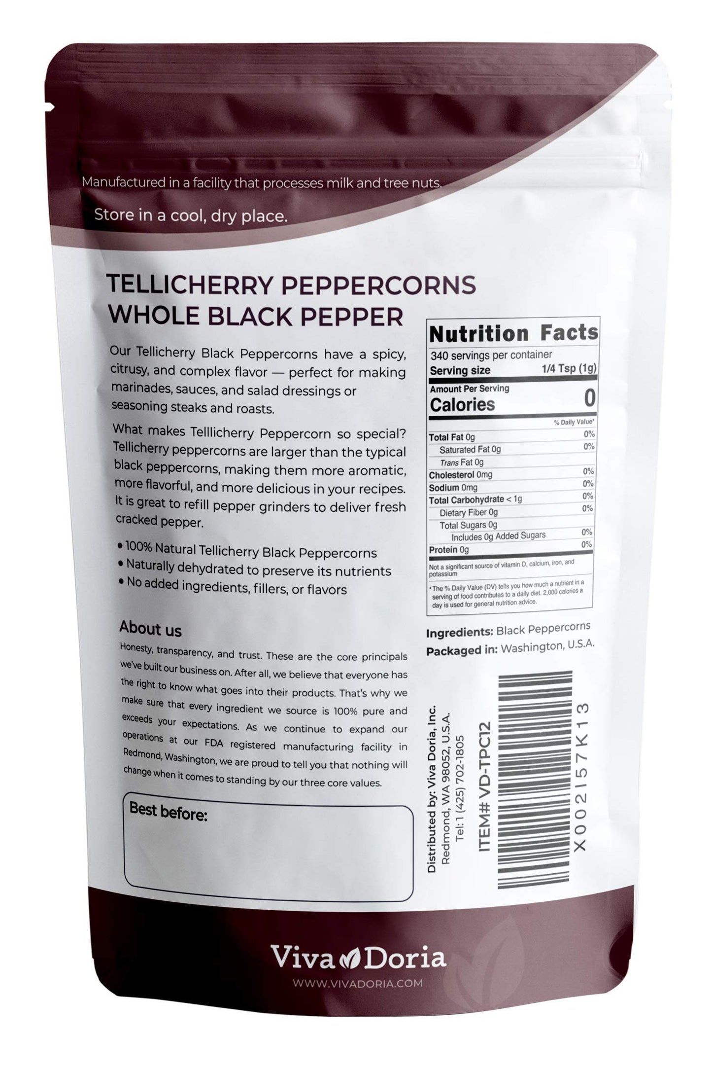 Viva Doria Tellicherry Peppercorn, Whole Black Pepper, Steam Sterilized Black Peppercorns, 12 Oz