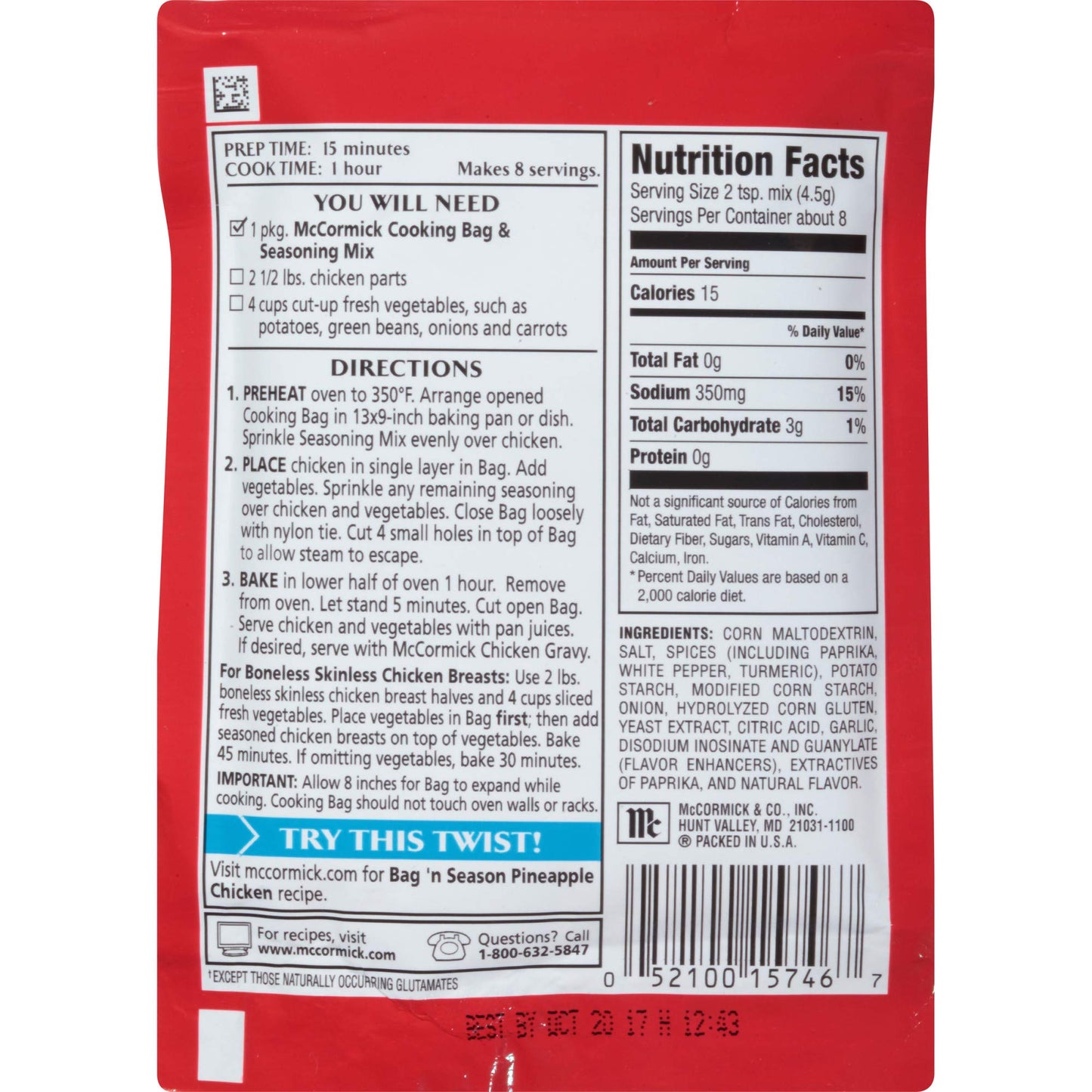 Mccormick Bag 'N Season Original Chicken Seasoning Mix, 1.25 Oz (Pack - 12)
