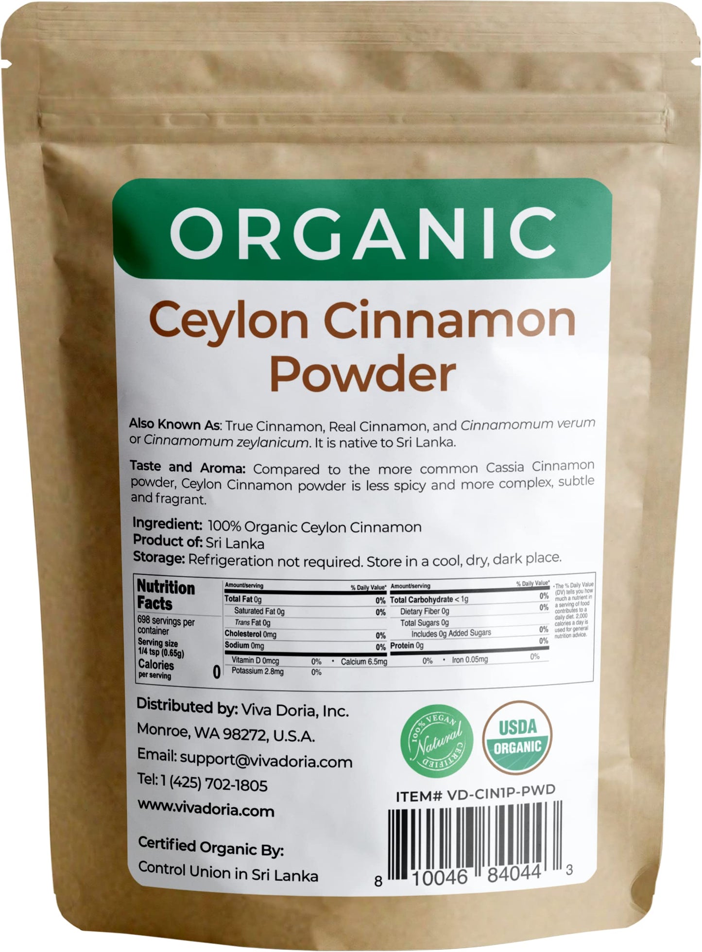 Viva Doria Organic Ceylon Cinnamon Powder, 100% Raw, Ground, 16 Oz Resealable Kraft Bag