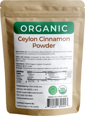 Viva Doria Organic Ceylon Cinnamon Powder, 100% Raw, Ground, 16 Oz Resealable Kraft Bag
