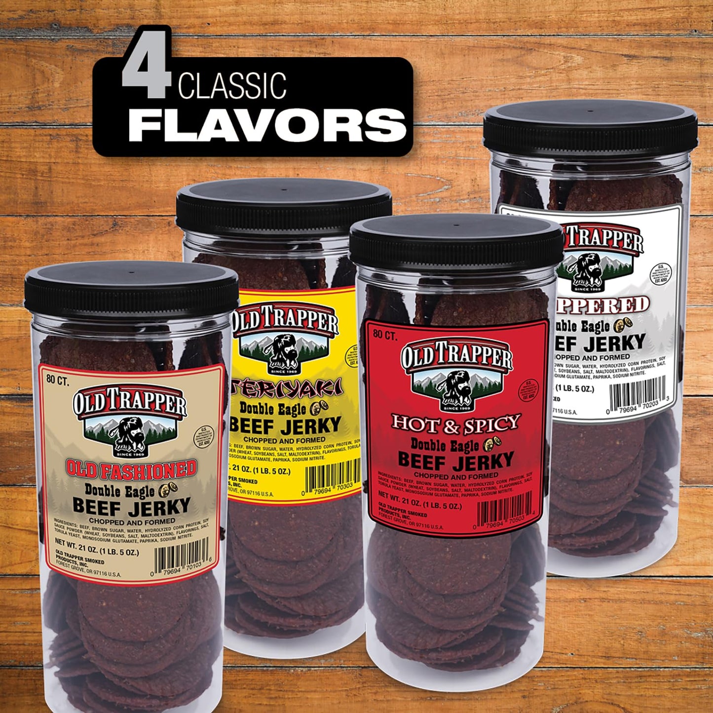 Old Trapper Beef Jerky, Peppered Flavor, 80 Count, 21oz Jar, Natural Wood Smoked Meat Snacks, 10g Protein per Serving