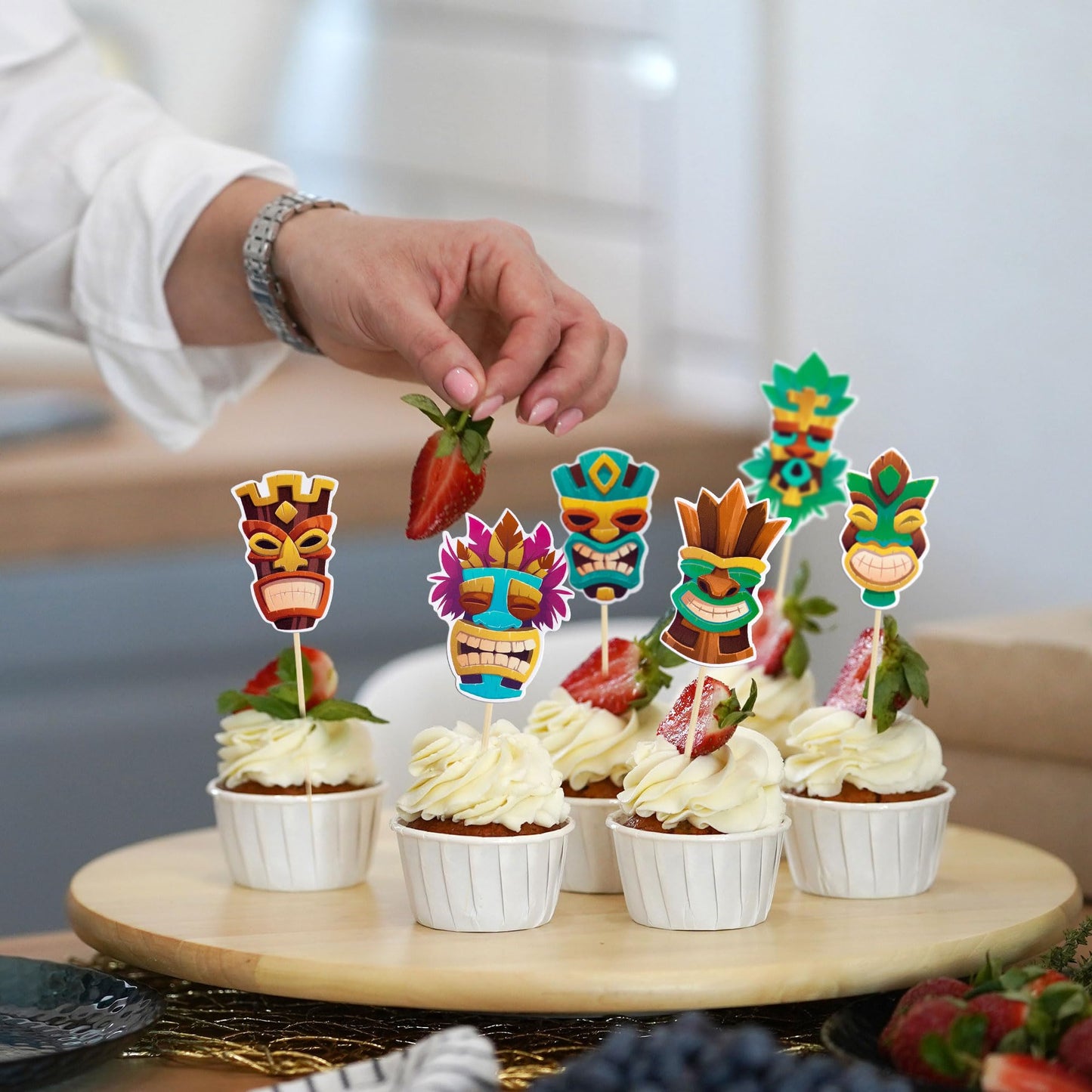 Gyufise 36Pcs Hawaii Tiki Cupcake Toppers Hawaiian Tropical Tiki Totem Hawaiian Themed Party Cake Decorations For Summer Aloha T