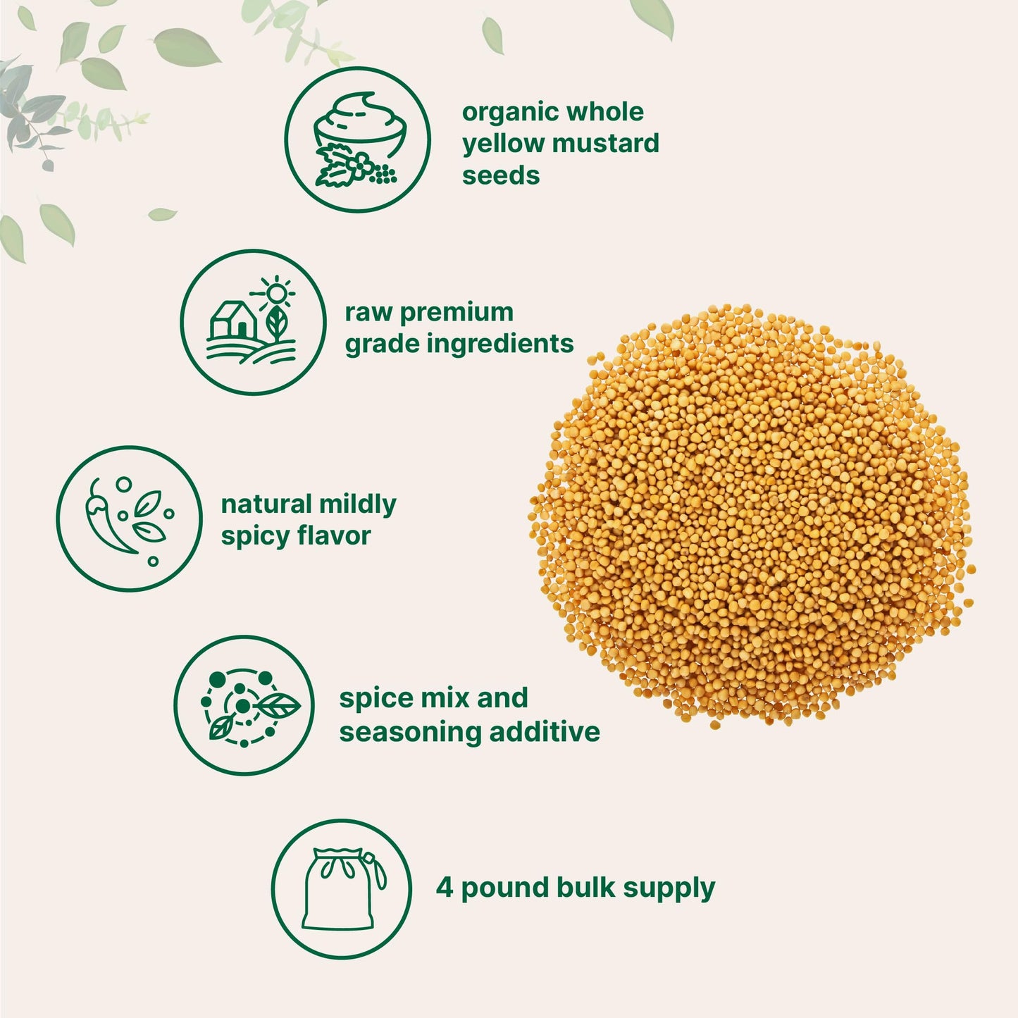 Organic Whole Yellow Mustard Seed, 4Lbs (64Oz) | Premium Grade Seeds | Mild Spicy Raw Flavor | Great For Pickling, Culinary Spice, & Seasoning Mix | Non-Gmo, Bulk Supply