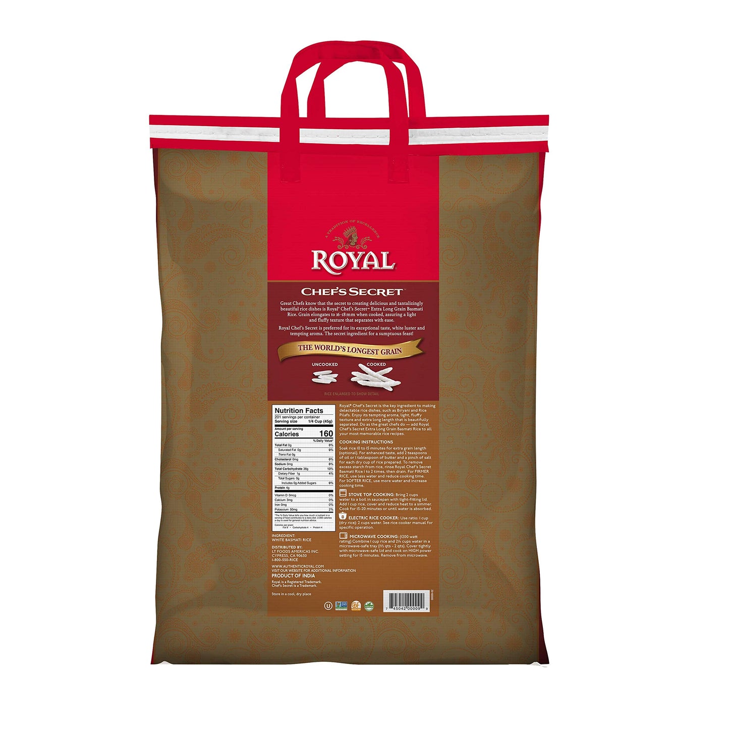 Royal Chefs Secret Extra Long Basmati Rice, 20 Pound Bag, Model 745042000099