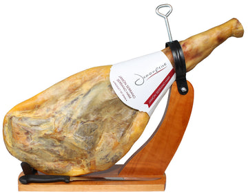 Jamonprive Spanish Serrano Ham Bone in 14-17 lb with Stand & cutting too - 3 Piece Set