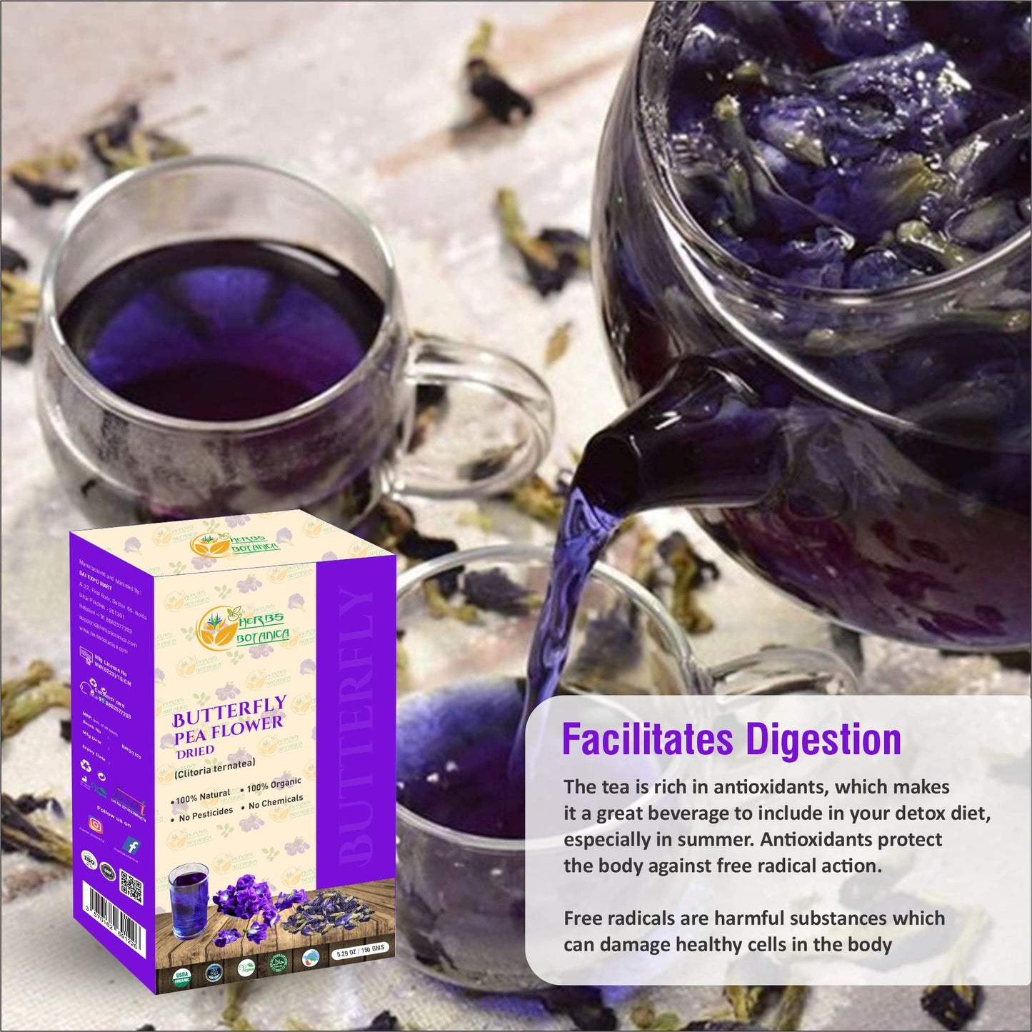 Herbs Botanica Dried Butterfly Pea Flowers For Tea Premium Herbal Tea 100% Clitoria Ternatea Flower Non Toxic, Vegan, Caffiene F