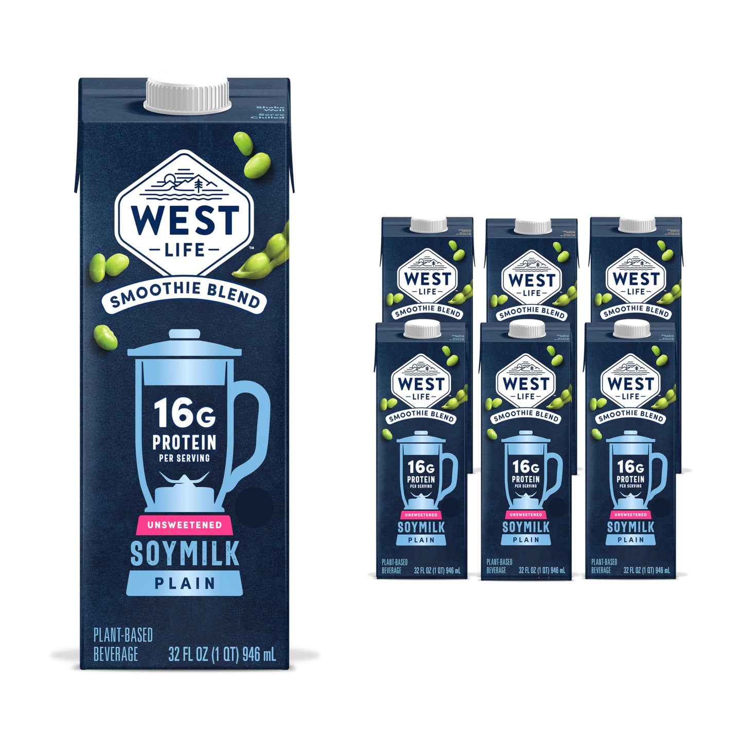 West Life Smoothie Blend Soy Milk, Unsweetened, 16g of Protein, Vegan Dairy Alternative, Lactose-Free, 32oz (Pack of 6)