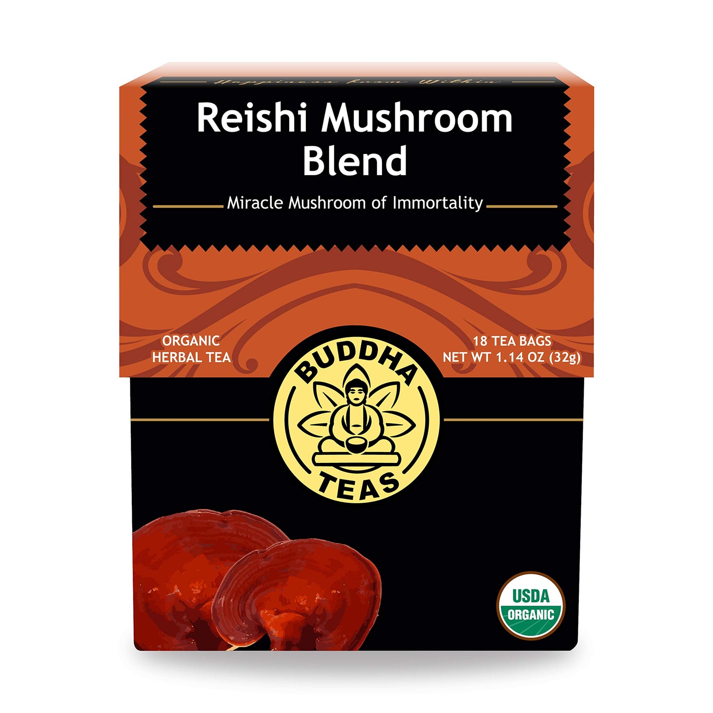 Buddha Teas - Organic Reishi Mushroom Blend - Herbal Tea - For Health & Wellbeing - With Antioxidants & Minerals - Clean Ingredients - Energy Blend Free - Ou Kosher & Non-Gmo - 18 Tea Bags (Pack Of 1)