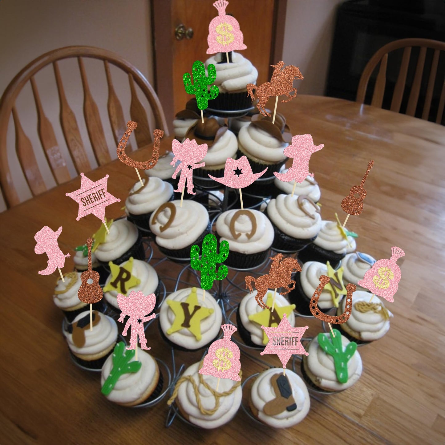 Gyufise 36Pcs Cowgirl Party Cake Cupcake Topper Pink Cowgirl Western Cupcake Toppers For Western Cowgirl Party Kids Birthday Par