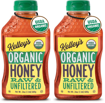 Kelleys 100% Organic Raw & Unfiltered Honey, USDA Certified, 24-ounce Squeeze Bottle - All Natural, Flavor-Rich Honey for Fruit