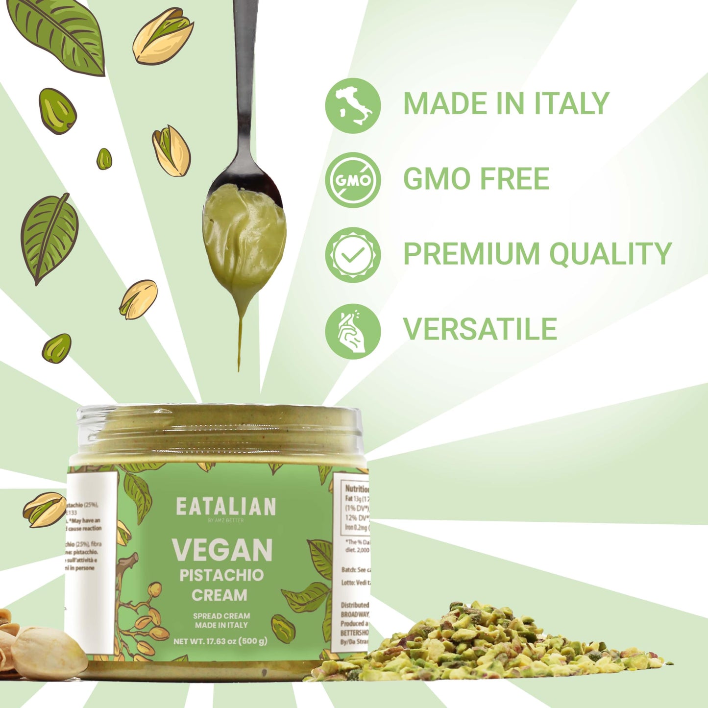 Eatalian By Amz Better Vegan Pistachio Cream, 17.63 Oz/ 500 Gr, Delicious Vegan Spread With A Uniquely Sweet Taste, Ideal On Bre