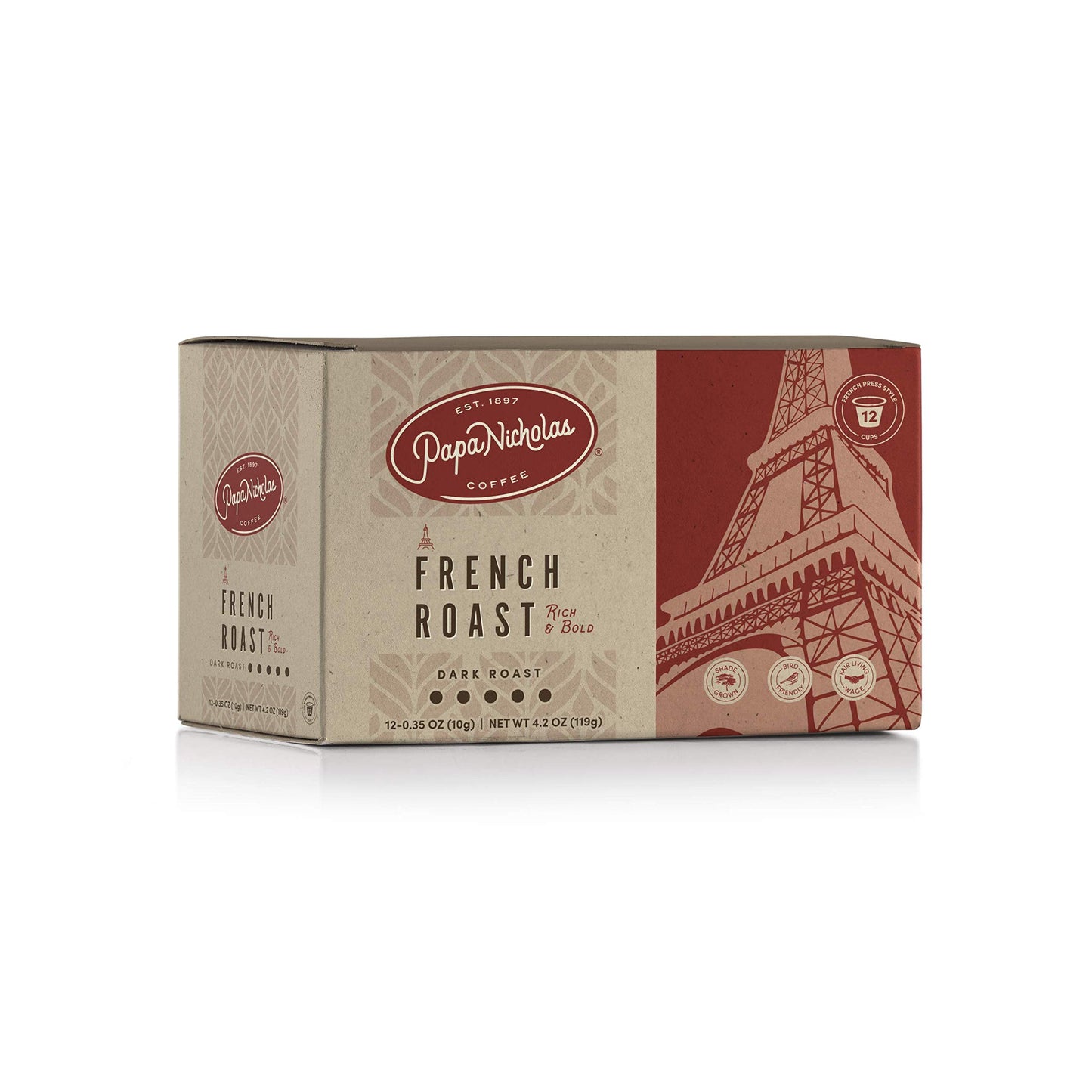 PapaNicholas Coffee Single Serve Coffee Cups, French Roast, 12 Pods, Fits Keurig K Cup Brewers