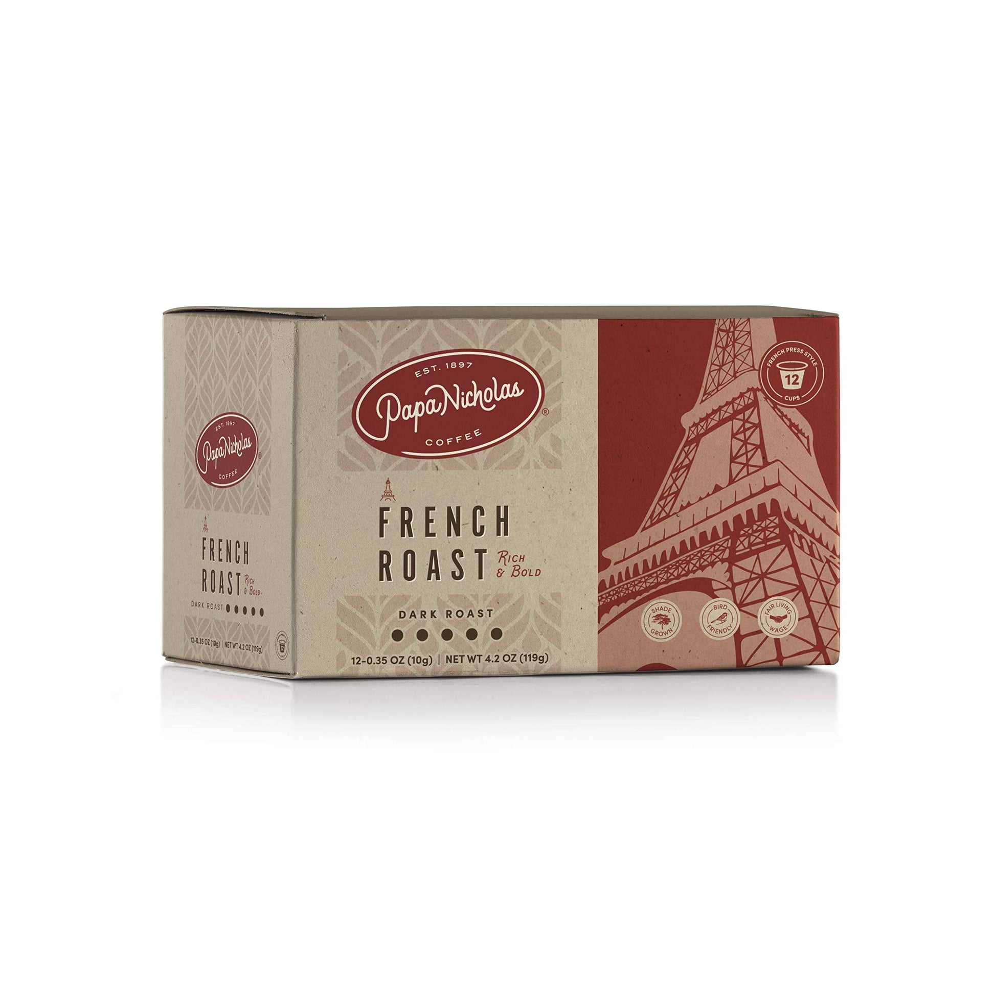 PapaNicholas Coffee Single Serve Coffee Cups, French Roast, 12 Pods, Fits Keurig K Cup Brewers