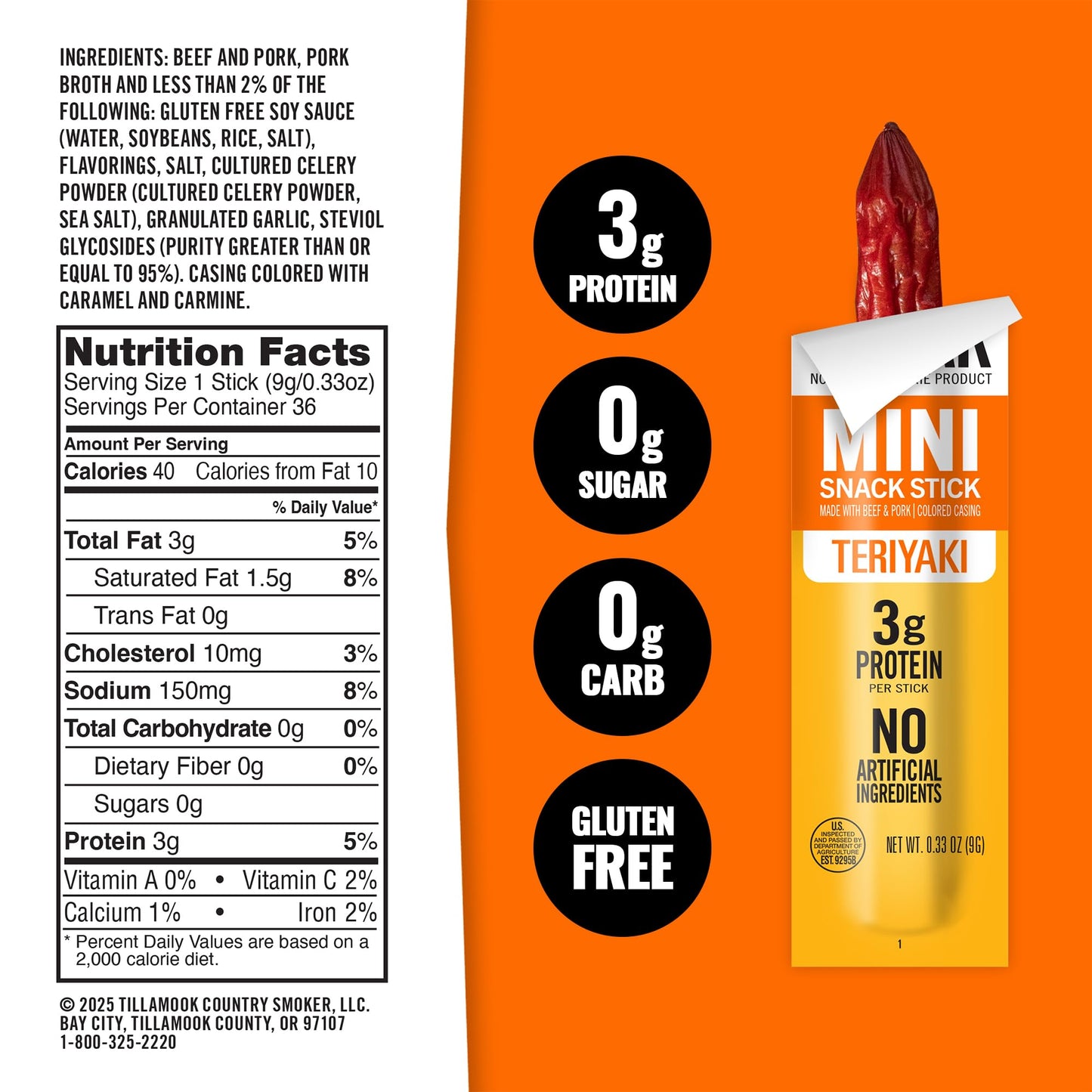 Tillamook Country Smoker Zero Sugar Teriyaki Mini Smoked Sausages  0.33 oz  36 Ct  Individually Wrapped Beef Sticks for Kids School Snacks  Lunchboxes  Travel  Real Hardwood Smoked