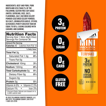 Tillamook Country Smoker Zero Sugar Teriyaki Mini Smoked Sausages  0.33 oz  48 Ct  Individually Wrapped Beef Sticks for Afternoon Snacks  Lunchboxes  Travel  Real Hardwood Smoked