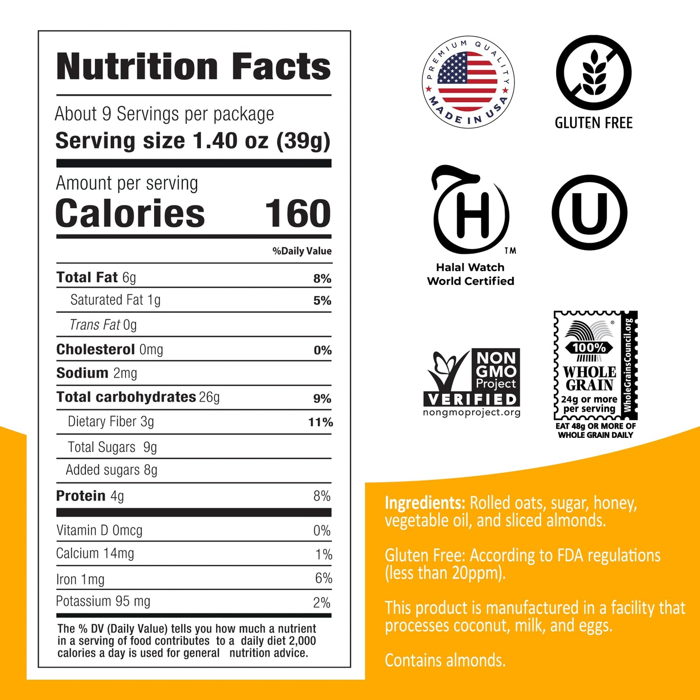 Avelina Gluten Free Granola Honey & Almonds - Healthy Oatmeal-Based Cereal - Kosher, Non-Gmo - (12.3 Oz, 4-Pack)