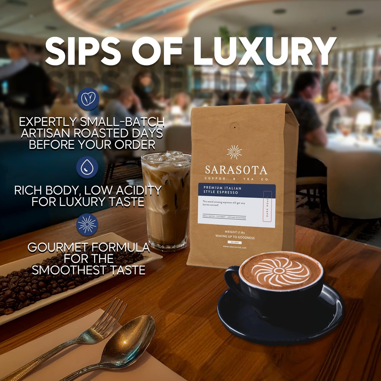 Sarasota Coffee Whole Bean Espresso | Dark Roast Gourmet Coffee Beans | Low Acid, Mold Free, Specialty Grade Bulk Beans | 5Lb (8