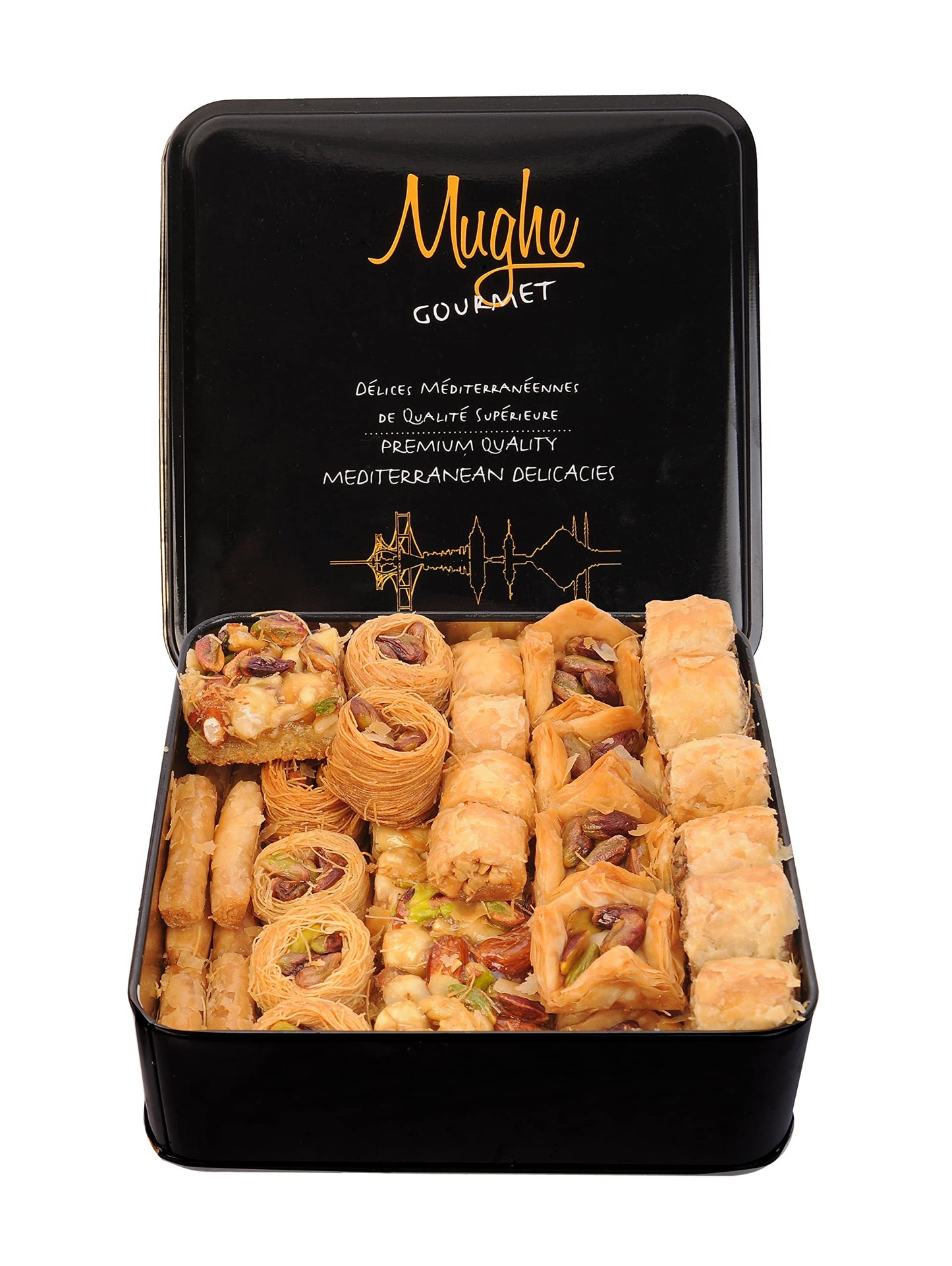 Mughe Gourmet Luxury Baklava Pastry Metal Gift Box - 1.65lb/750g - Rich Pistachios, Walnuts, Cashews Double Layered Halal Baklaw