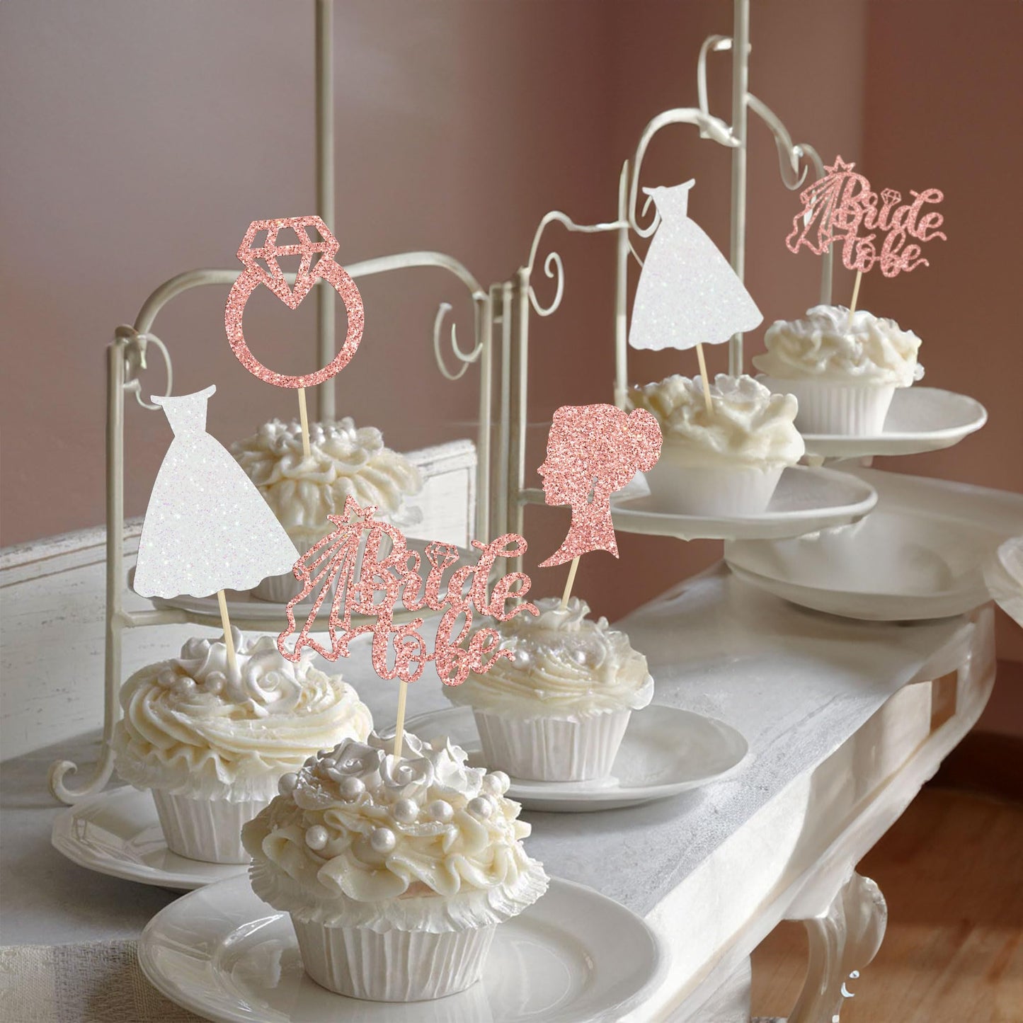 Gyufise 24 Pack Rose Gold Glitter Bride To Be Cupcake Toppers With Heart Ring Dress Bridal Shower Cupcake Picks Wedding Engageme