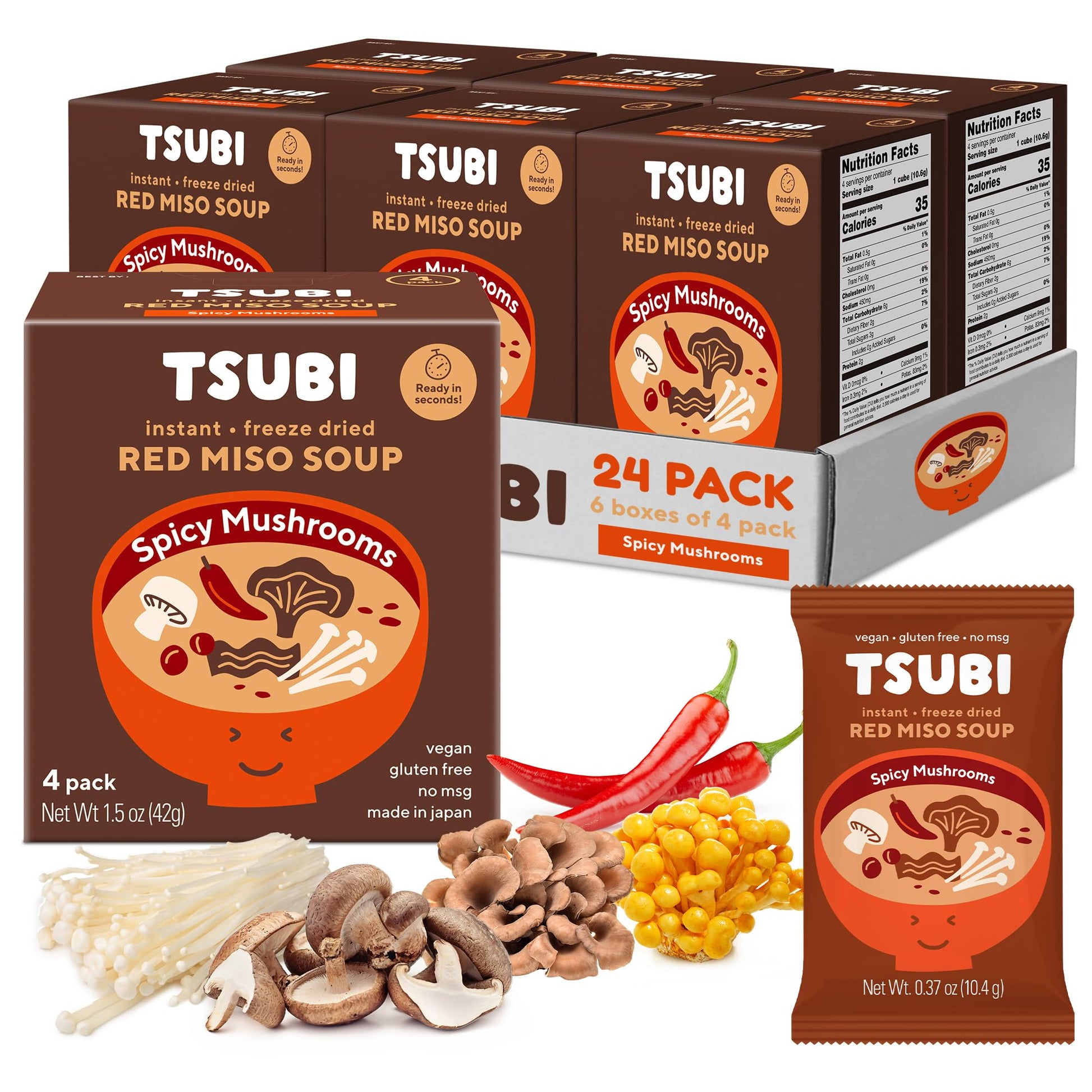 Tsubi Soup Freeze-Dried Miso Soup Packets - Vegan, Gluten-Free, 24 Packs - Red Miso (Spicy Mushroom) - Instant & Easy Mix