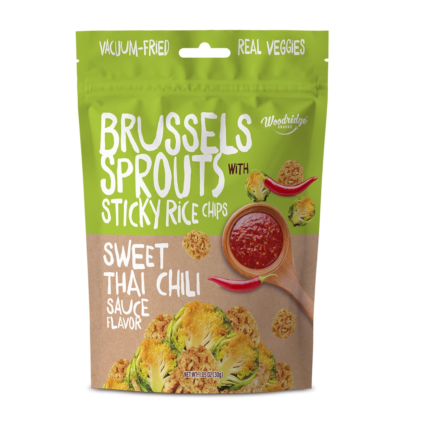 Woodridge Snacks | Vacuum Fried Brussels Sprouts with Sticky Rice Chips | Thai Chili Sauce Flavor | 6 Pack | 1.06 OZ (30g) Bags